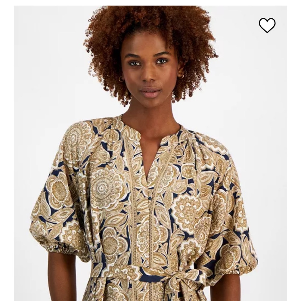 Women's Printed Split-Neck Puff-Sleeve Dress